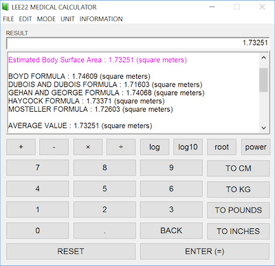 Medical Calculator: log and unit-conversion buttons